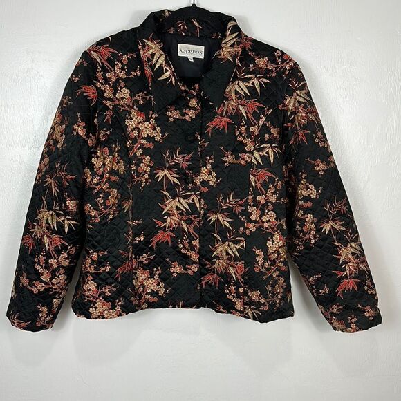 Kaktus Silk Black Floral Embroidery Quilted Button Front Jacket Size XL - Picture 1 of 10